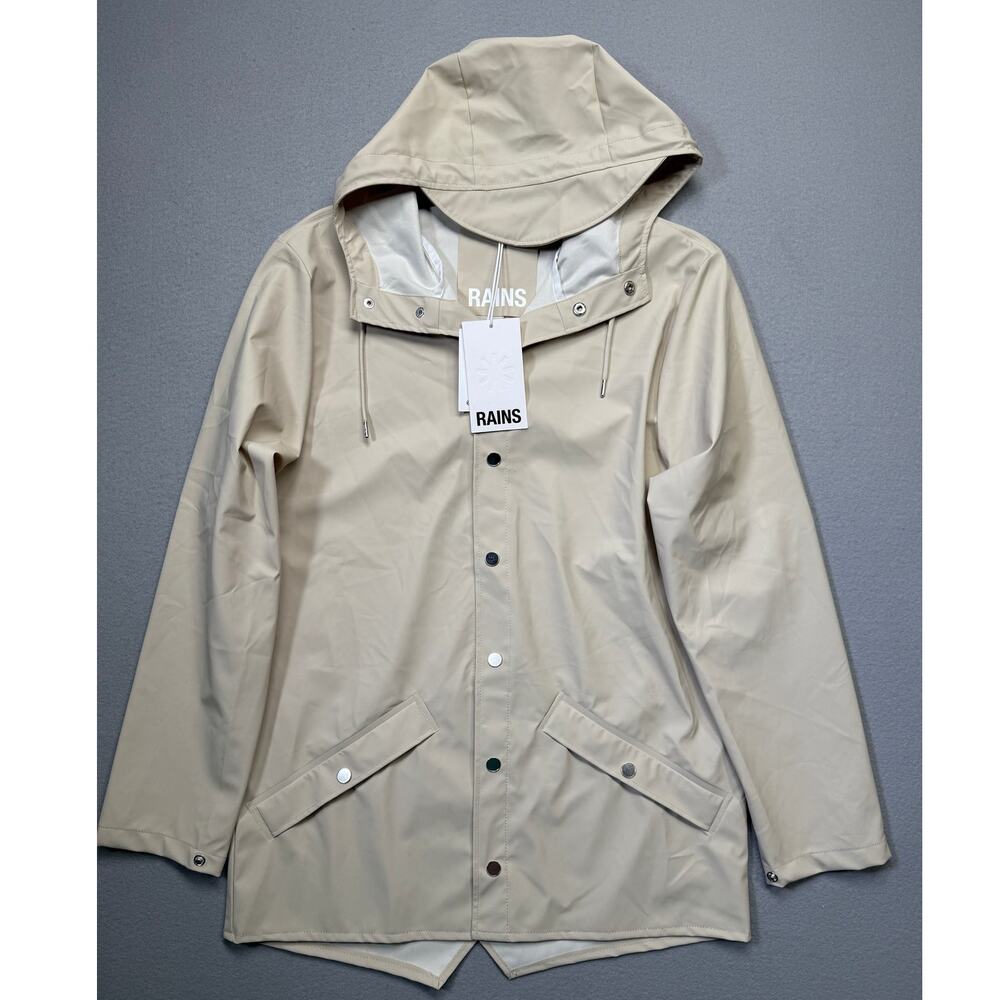 Rains Men's Waterproof Hooded Rain Jacket, Dune tan small $110